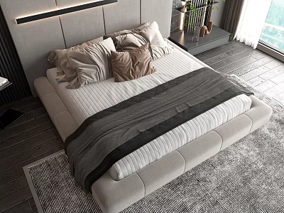 Elegant Double Bed With Striped Blanket Soft Pillows And Modern Headboard 3d model