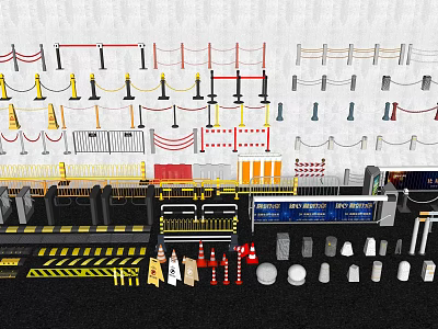 Various Road Facilities Including Traffic Barriers Warning Signs Traffic Cones And Reflective Strips 3d model
