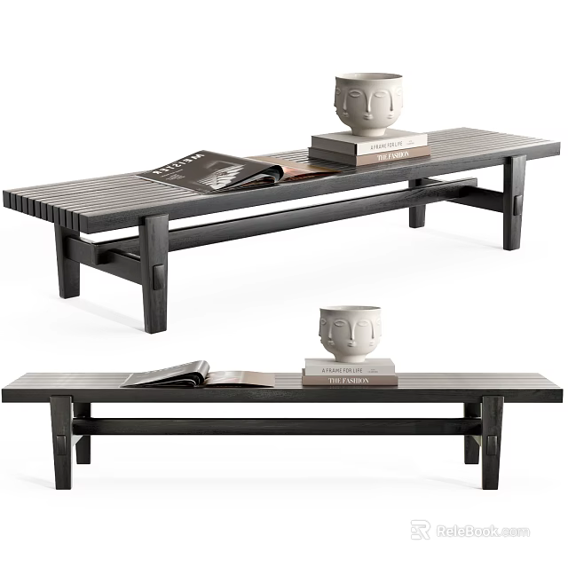 Modern Black Public Bench With Open Magazine Stack Of Books And White Decorative Object 3d model 