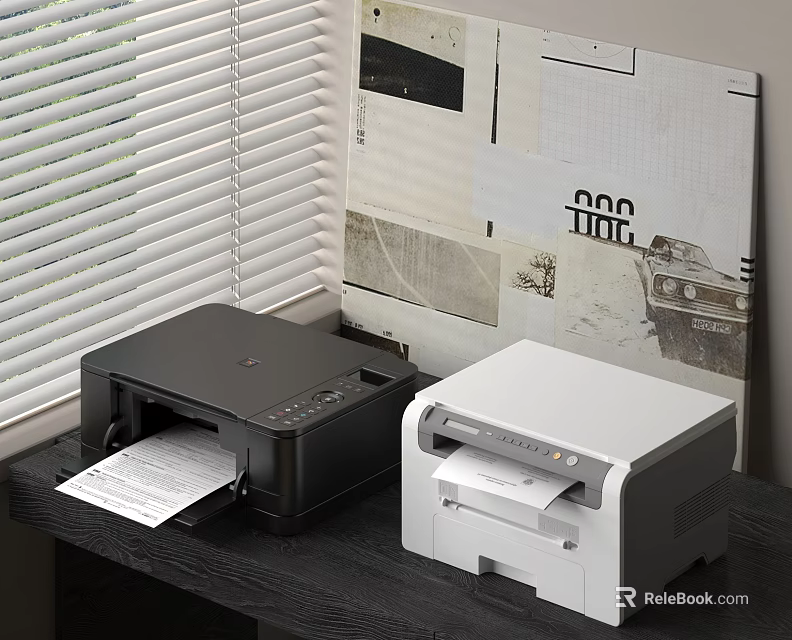 Black and White Printers by Window with Blinds and Printing Paper in Home Office Setup 3d model 