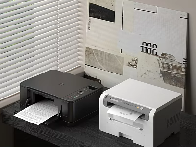 Black and White Printers by Window with Blinds and Printing Paper in Home Office Setup 3d model