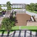 Rooftop Garden With Wooden Deck Stone Pathways Greenery And Seating Area