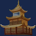 Ancient Chinese Pagoda With Golden Roof Multi Layered Eaves And Brick Structure Window