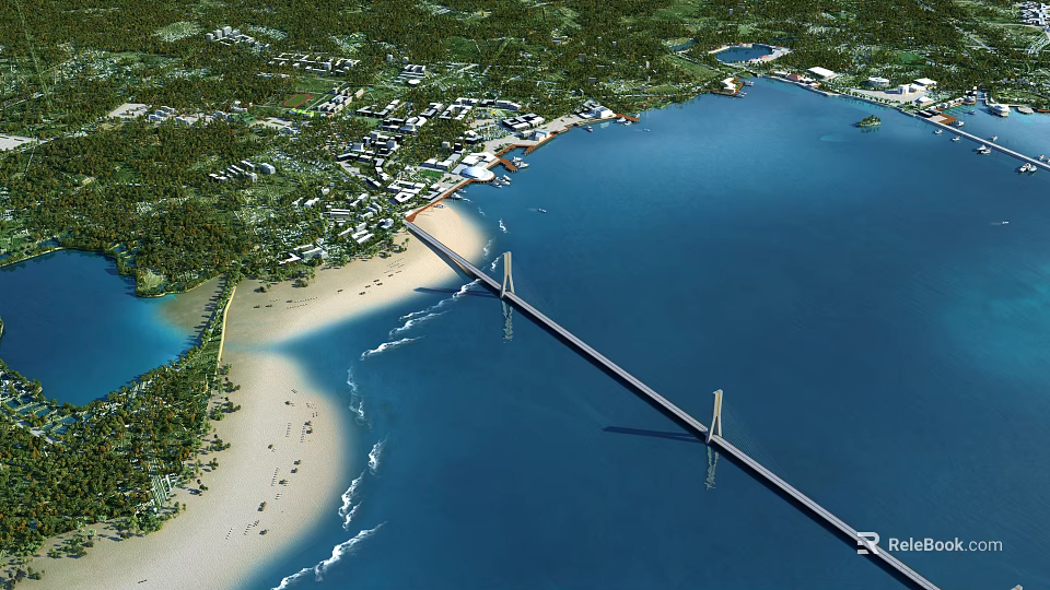 Aerial Planning of Coastal Urban Area With Cross Sea Bridge Beach and Green Vegetation 3d model 