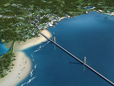 Aerial Planning of Coastal Urban Area With Cross Sea Bridge Beach and Green Vegetation 3d model