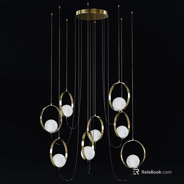 Elegant Modern Chandelier With Multiple Golden Rings And White Globes Hanging Design 3d model 