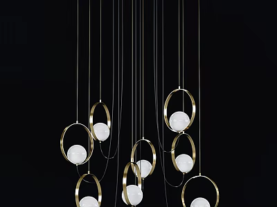 Elegant Modern Chandelier With Multiple Golden Rings And White Globes Hanging Design 3d model