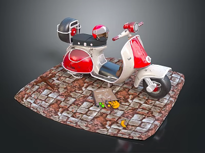 Vintage Red And White Scooter Display On Brick Platform With Sign And Fruits 3d model