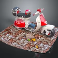 Vintage Red And White Scooter Display On Brick Platform With Sign And Fruits
