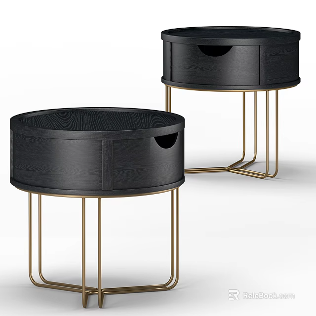 Modern Round Nightstand With Black Wooden Body And Gold Metal Legs 3d model 