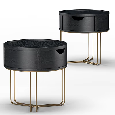 Modern Round Nightstand With Black Wooden Body And Gold Metal Legs 3d model