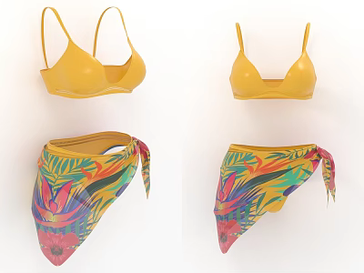 Yellow Bikini Set With Triangle Top And Tropical Floral Print Bottoms 3d model