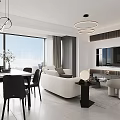 Modern Living Dining Room Interior With Curved Sofa Coffee Table TV Wall And Chandeliers