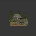 Cartoon Scene With Cozy Wooden Cabin Multiple Pine Trees Stone Stairs Green Grass And Rocks