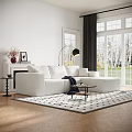 White L Shaped Sofa And Round Coffee Table Set On Black White Checkered Rug With Large Windows 3d model