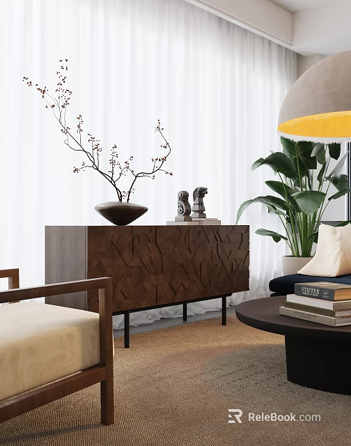 Modern Wooden Console Side Cabinet With Vase Decorative Figurines And Green Plant In Living Room 3d model 