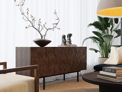 Modern Wooden Console Side Cabinet With Vase Decorative Figurines And Green Plant In Living Room 3d model
