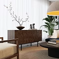 Modern Wooden Console Side Cabinet With Vase Decorative Figurines And Green Plant In Living Room