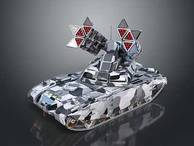 Advanced Futuristic Tank Featuring Silver Gray Camouflage And Red Triangular Missile Launchers 3d model