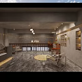 Specialty Store Interior With Wooden Balcony Chandelier Display Shelves Cases And Staircase