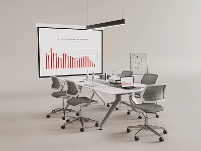 Laptop On White Meeting Table With Performance Analysis Projection Whiteboard And Office Chairs 3d model