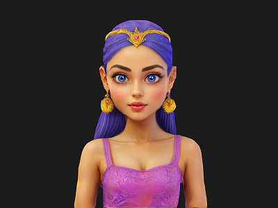 Woman With Purple Hair Wearing Golden Headband And Gold Earrings In Purple Lace Camisole 3d model
