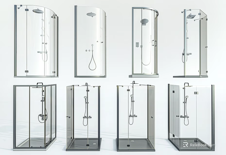 Modern Transparent Glass Shower Enclosures With Different Curved And Square Bathroom Designs 3d model 
