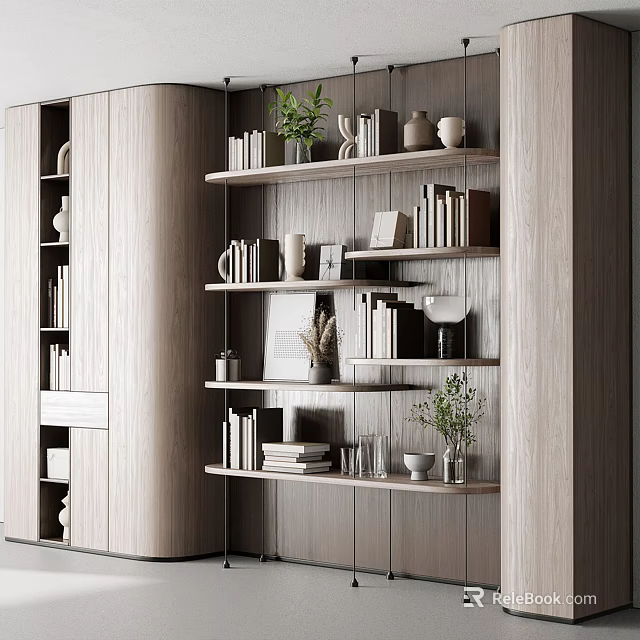 Modern Wooden Bookshelf Design With Layered Shelves Books Decorative Plants And Photo Frames 3d model 