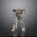 Detailed White And Purple Robot Model Holding Weapon On Black Reflective Surface
