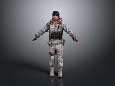 Tactical Military Soldier in Blood Stained Uniform With Vest Hat and Full Gear Standing Pose 3d model