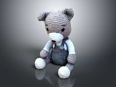 Adorable Gray Knitted Teddy Bear With White Paws And Blue Overalls Design 3d model