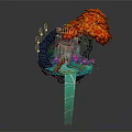Enchanted Floating Castle Scene With Red Tree Staircase Path Flowers And Green Pillar