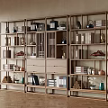 Wooden Shelving Unit with Books Decorative Vases and Shoes in Minimalist Room