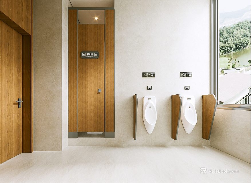 Modern Public Restroom With Wooden Stalls White Urinals Hooks And Window View 3d model 
