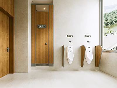 Modern Public Restroom With Wooden Stalls White Urinals Hooks And Window View 3d model