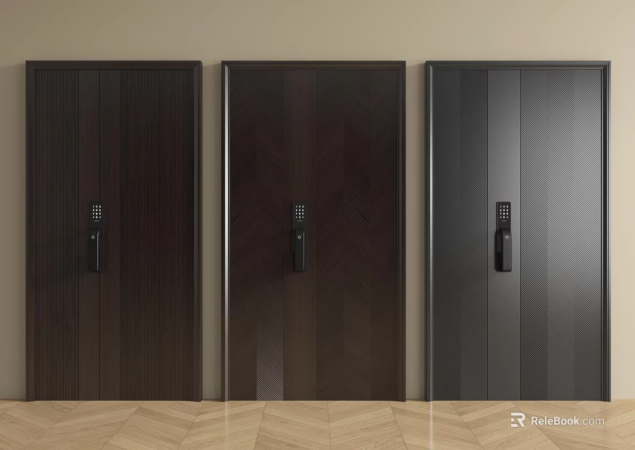 Three Modern Security Doors with Electronic Locks in Dark Brown and Gray Designs 3d model