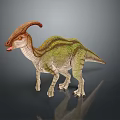 Realistic Parasaurolophus Dinosaur With Crested Head And Green Brown Body Standing On Gray Background