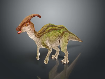 Realistic Parasaurolophus Dinosaur With Crested Head And Green Brown Body Standing On Gray Background 3d model