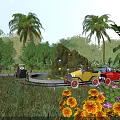 Fun Amusement Park With Track Cars Palm Trees Lush Greenery And Colorful Flowers