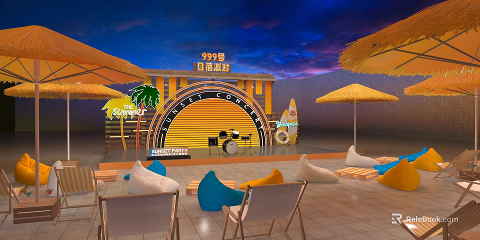 Sunset Party Outdoor Space With Stage Drums Straw Umbrellas Bean Bags And Surfboard 3d model 