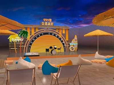 Sunset Party Outdoor Space With Stage Drums Straw Umbrellas Bean Bags And Surfboard 3d model