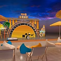 Sunset Party Outdoor Space With Stage Drums Straw Umbrellas Bean Bags And Surfboard