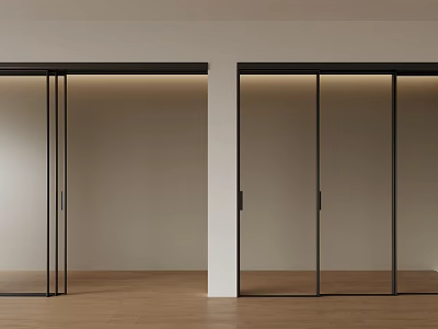 Modern Black Framed Glass Sliding Doors In Interior With Wooden Floor And Light Walls 3d model