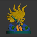 Colorful 3D Character Model With Yellow Hair Green Weapon And Blue Creatures On Green Base