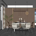 Modern Restaurant Interior With Round Dining Table Grey Beige Chairs Hanging Pendant Lights Flower Vase Large Windows