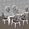 Elegant Dining Table Set with White Tabletop Six Patterned Chairs Tableware and Flower Vase 3d model