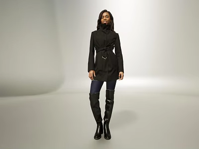 Woman Standing In White Background Wearing Black Coat With Belt And Knee High Boots 3d model