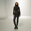 Woman Standing In White Background Wearing Black Coat With Belt And Knee High Boots
