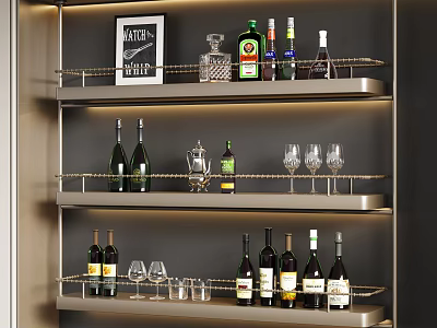 Modern Wine Cabinet With Metal Shelves Wine Bottles Wine Glasses And Decorative Items 3d model