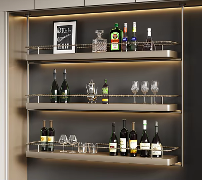 Modern Wine Cabinet With Metal Shelves Wine Bottles Wine Glasses And Decorative Items 3d model